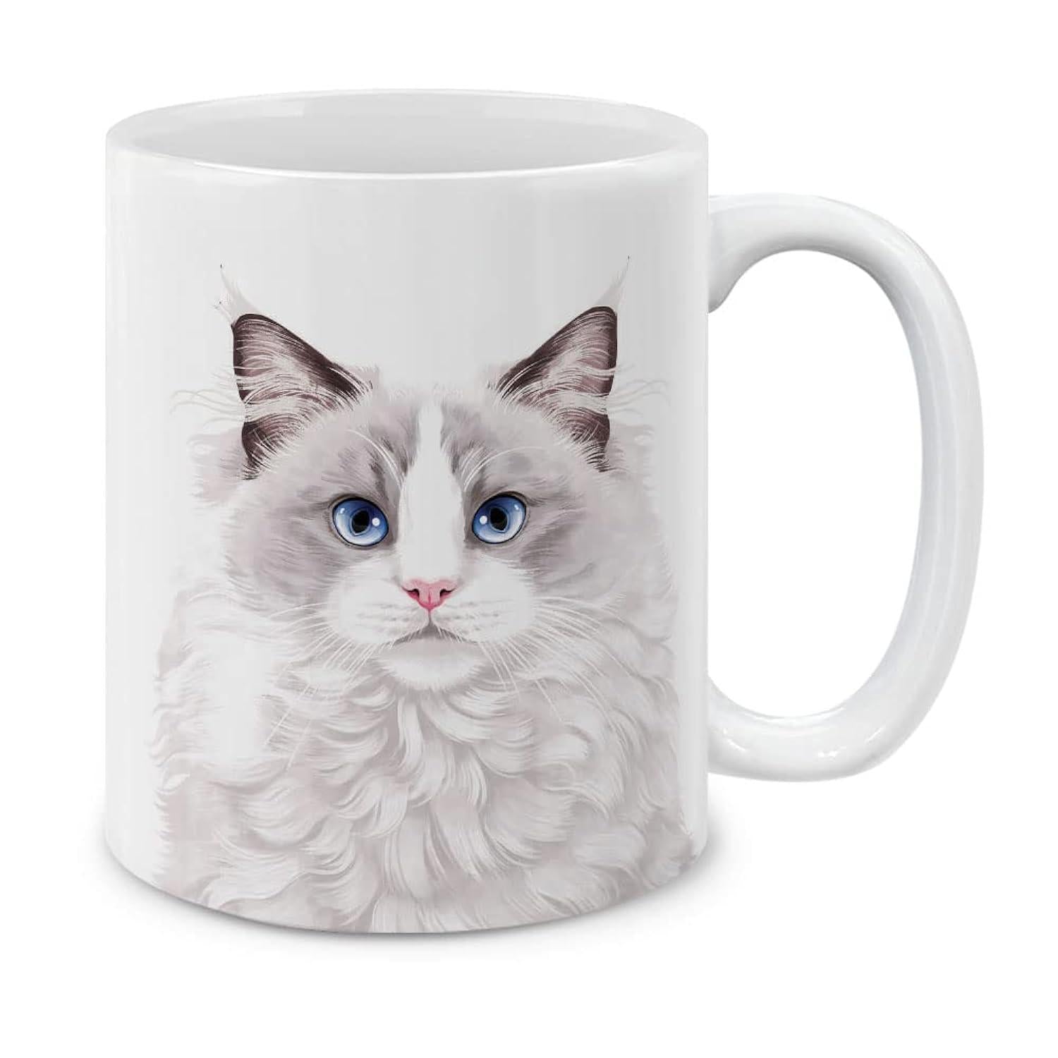 Tailorly White Ceramic 11 oz Mug - Fluffy White Longhaired Ragdoll Feline With Piercing Blue Eyes And Soft Fur Cat