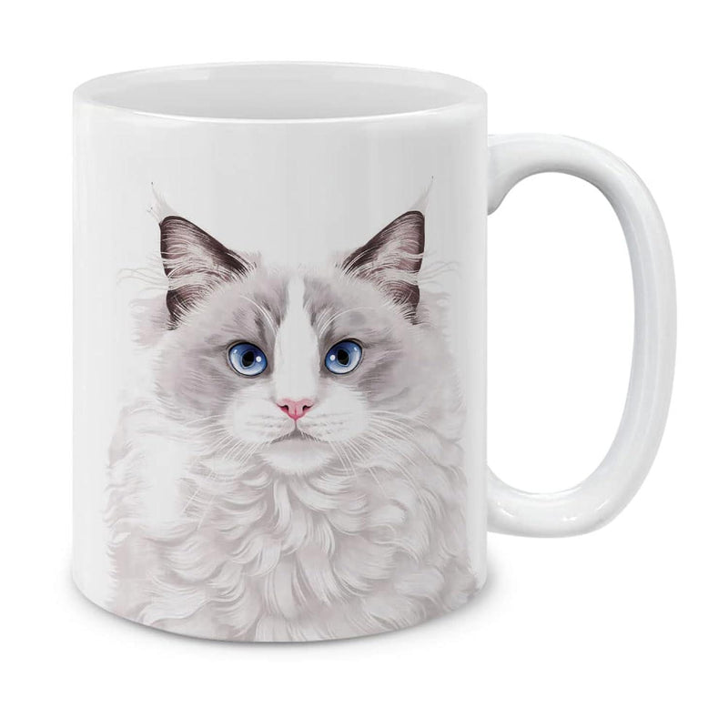 Tailorly White Ceramic 11 oz Mug - Fluffy White Longhaired Ragdoll Feline With Piercing Blue Eyes And Soft Fur Cat