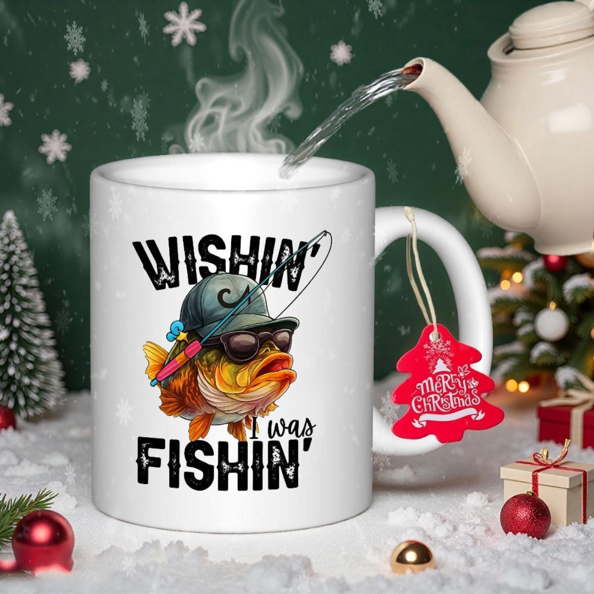 Tailorly White Ceramic 11 oz Mug - Wishin I Was Fishin Funny Cartoon Fish Wearing Sunglasses And A Hat Holding Fishing Rod Fish