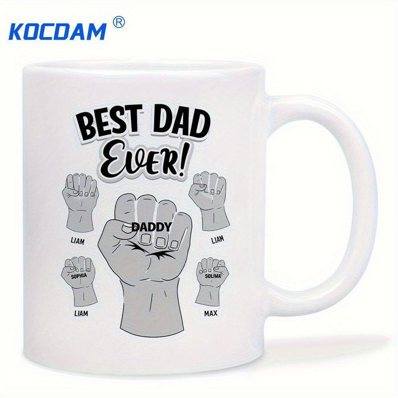 Tailorly White Ceramic 11 oz Mug - Best Dad Ever Daddy Hand Drawn Fists Bumping Together With Personalized Names Fist