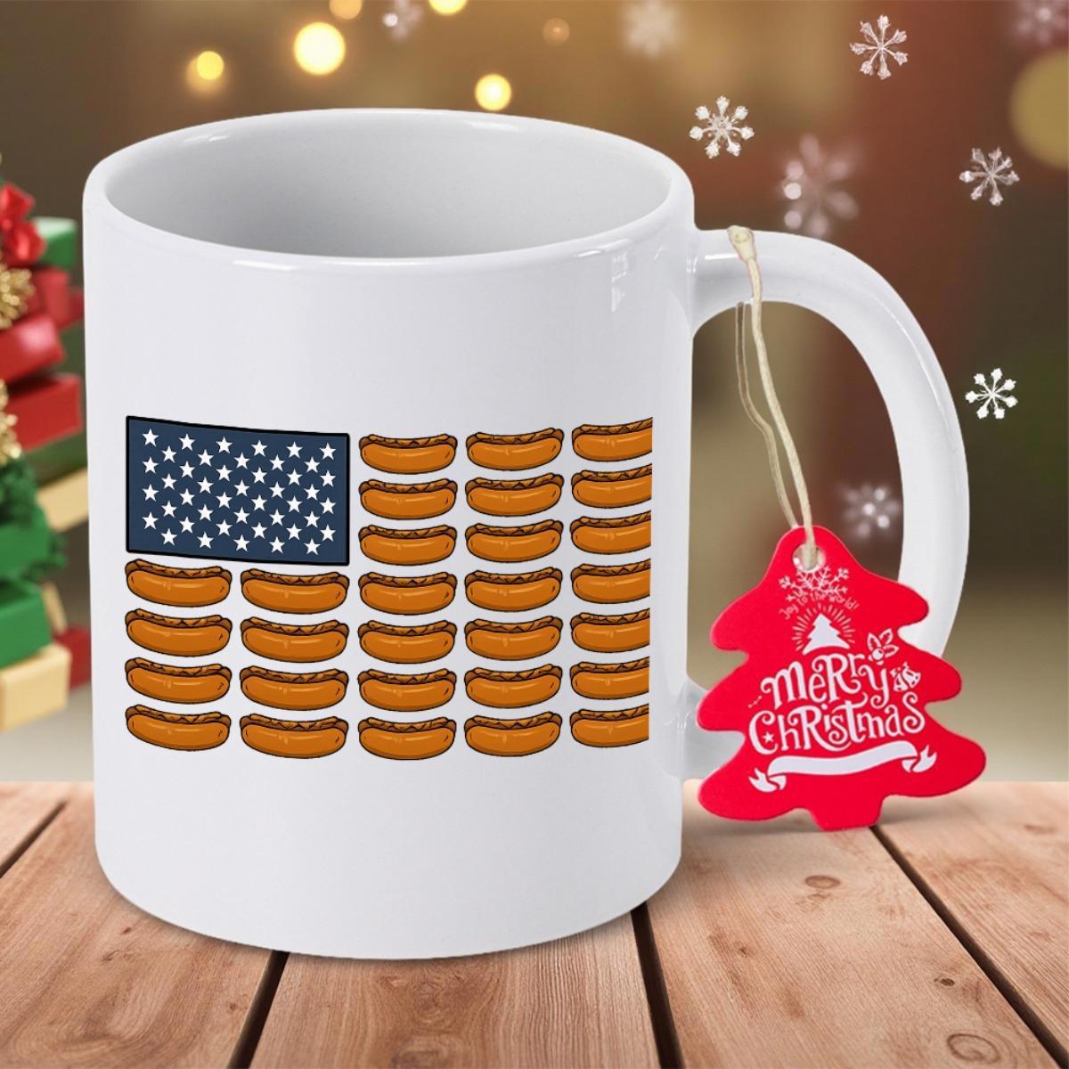 Tailorly White Ceramic 11 oz Mug - Creative American Patriotic Style Composed Of Delicious Grilled Hot Dogs Unique Flag