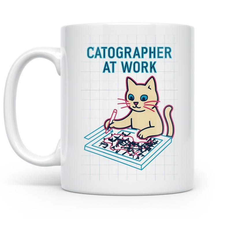 Tailorly White Ceramic 11 oz Mug - Catographer At Work Diligent Cartoon Feline Drawing On A Grid Blueprint Map Table Cat