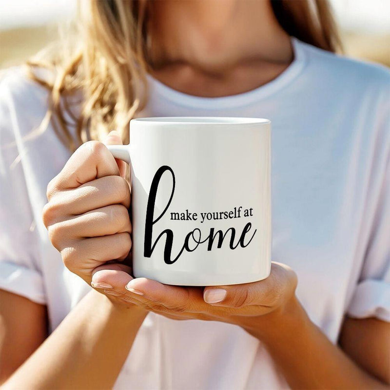 Tailorly White Ceramic 11 oz Mug - Make Yourself At Home Minimalist White Ceramic Coffee Cup Featuring Elegant Cursive Script Mug