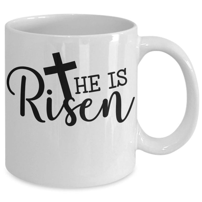 Tailorly White Ceramic 11 oz Mug - He Is Risen Sacred Symbol Featuring Elegant Script In A Minimalist Religious Style Cross