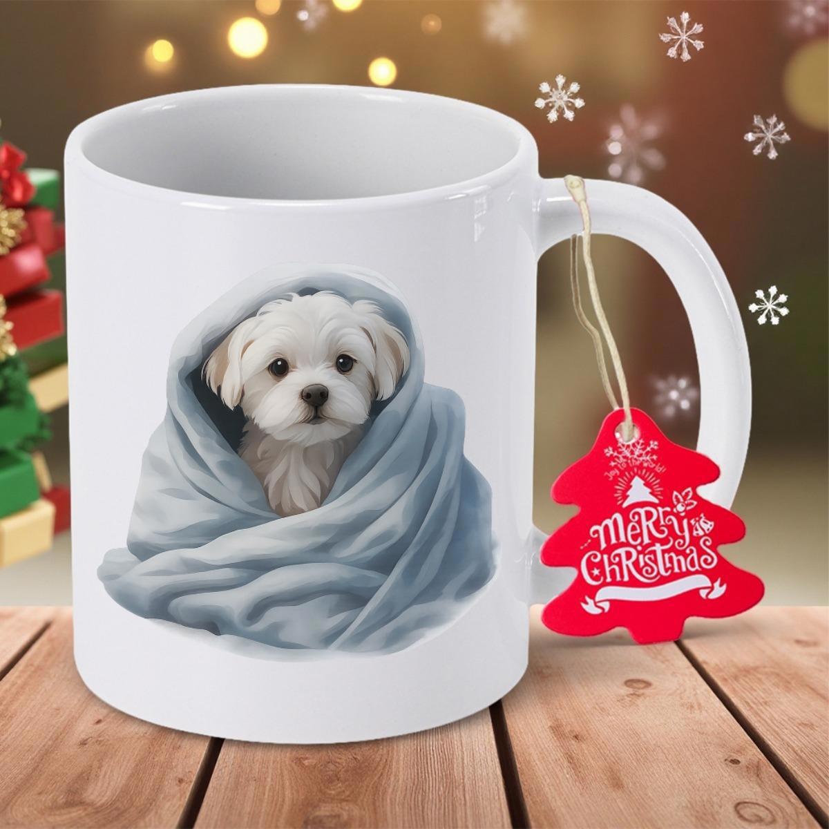 Tailorly White Ceramic 11 oz Mug - Merry Christmas Adorable Fluffy White Dog Wrapped In Soft Blue Cozy Blanket Puppy
