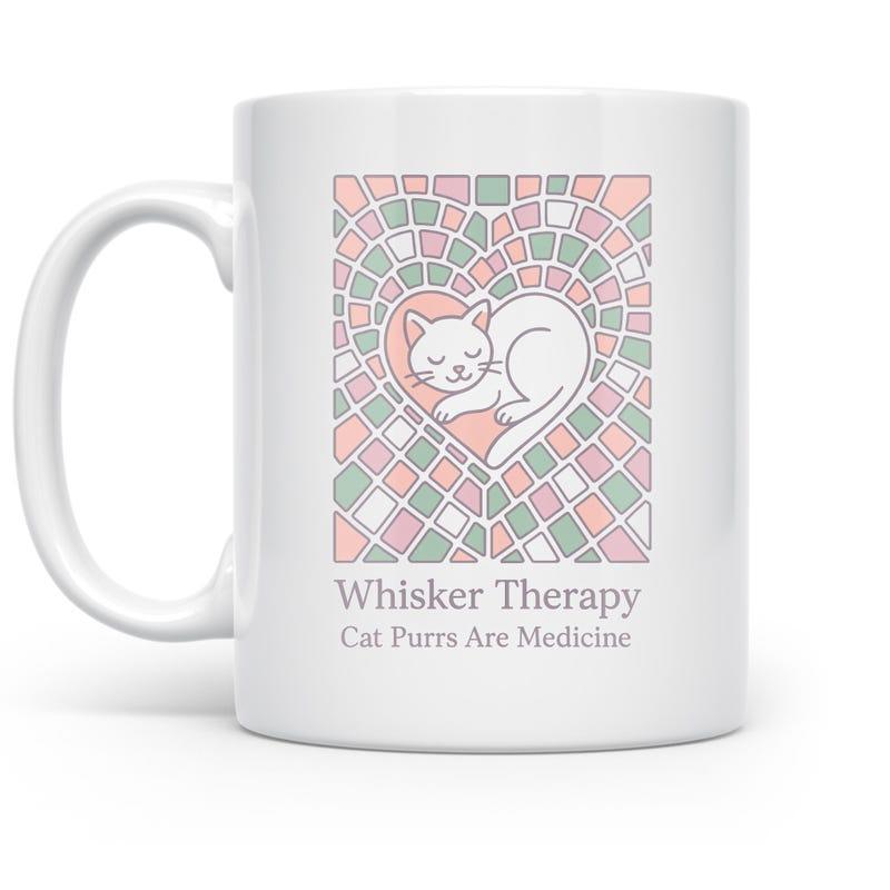 Tailorly White Ceramic 11 oz Mug - Whisker Therapy Cat Purrs Are Medicine Mosaic Heart Pattern With Sleeping Kitten Surrounded By Pastel Geometric Tiles Cat