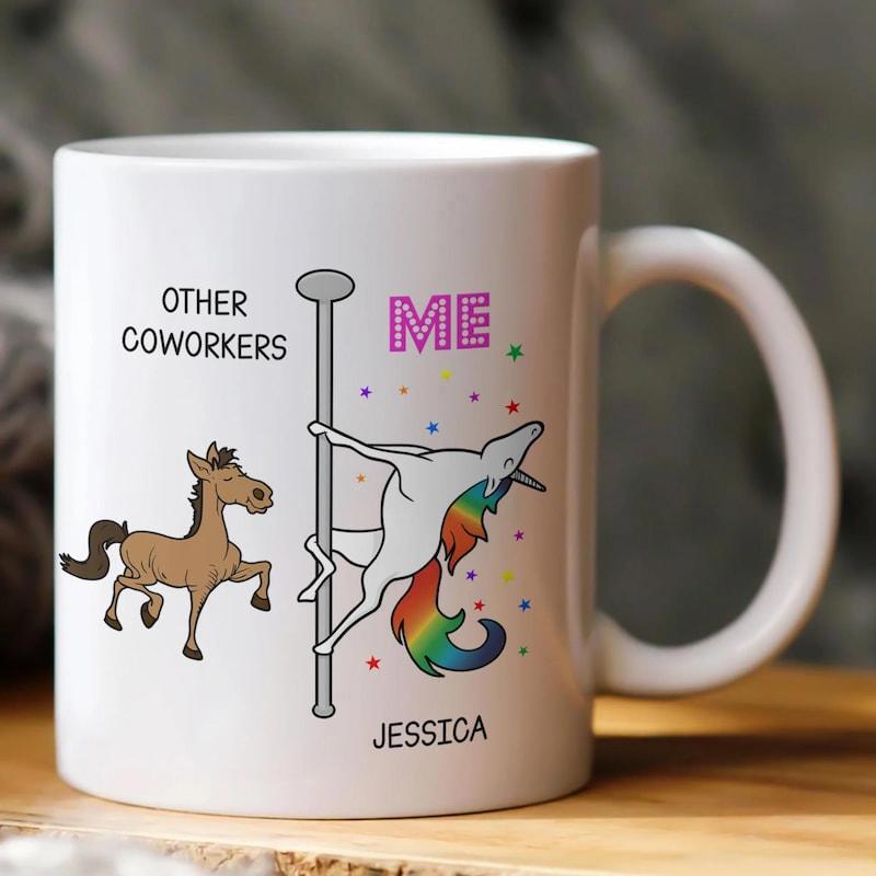 Tailorly White Ceramic 11 oz Mug - Other Coworkers Me Jessica Whimsical Rainbow Character Dancing On A Silver Pole Beside A Brown Horse Unicorn