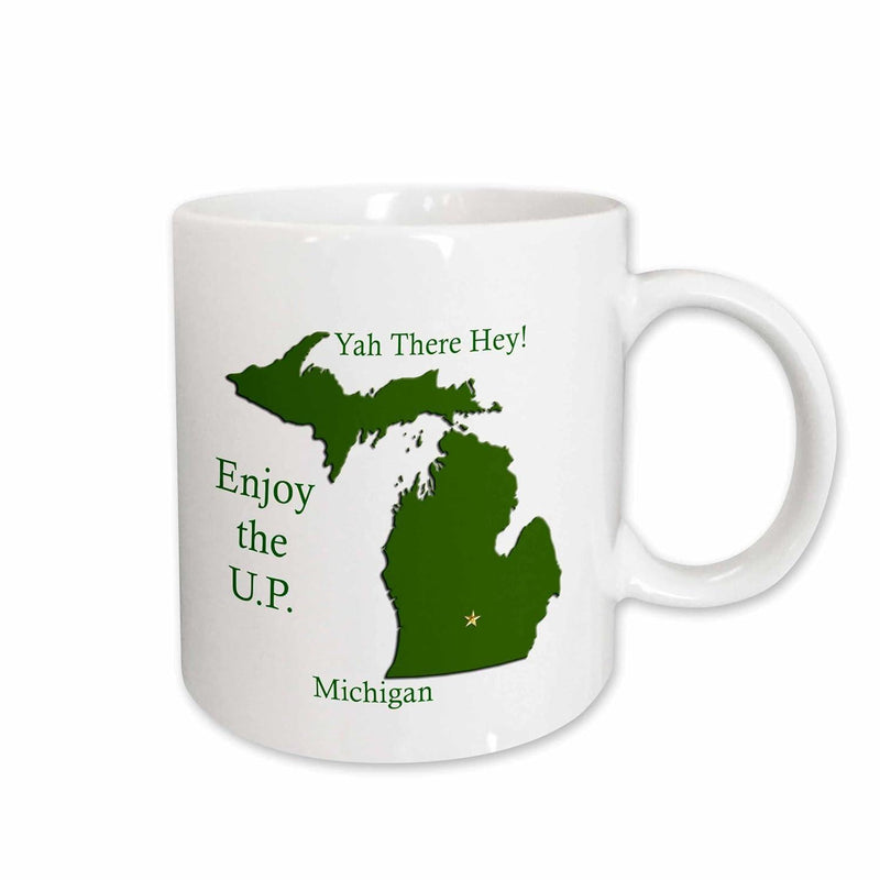 Tailorly White Ceramic 11 oz Mug - Yah There Hey Enjoy The UP Michigan Solid Green Minimalist Silhouette Of The Upper And Lower Peninsulas Map