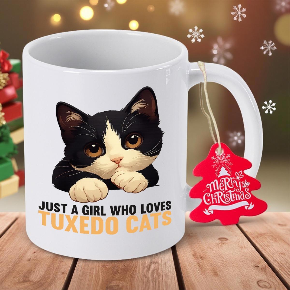 Tailorly White Ceramic 11 oz Mug - Just A Girl Who Loves Tuxedo Cats Adorable Black And White Tuxedo Kitten Resting Paws On White Surface Cat