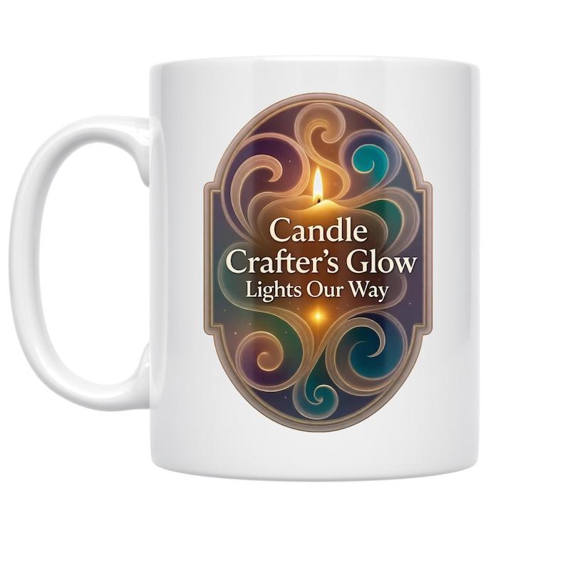 Tailorly White Ceramic 11 oz Mug - Candle Crafter's Glow Lights Our Way Abstract Colorful Swirls Surrounding A Warm Glowing Golden Flickering Flame Candle