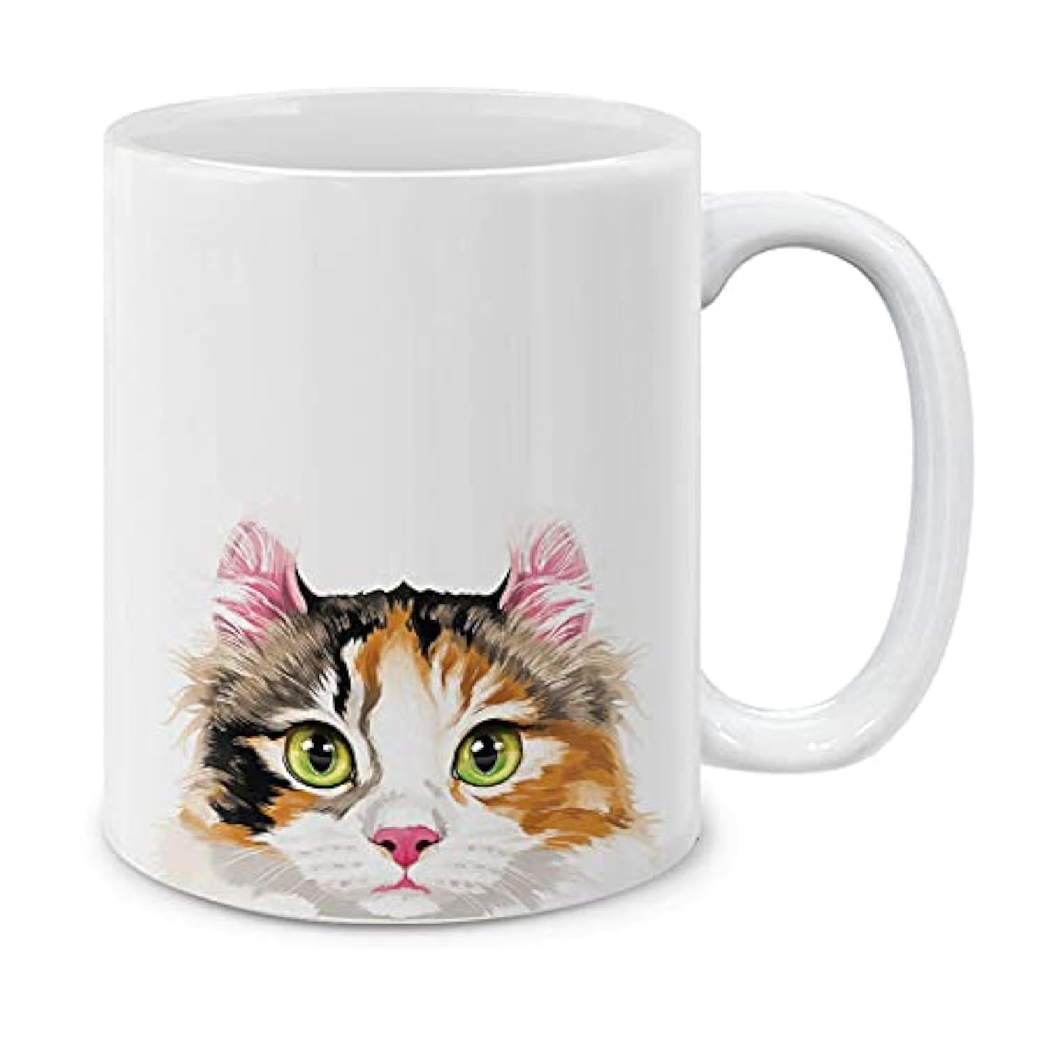 Tailorly White Ceramic 11 oz Mug - Adorable Fluffy Calico Cat Face Featuring Green Eyes And Pink Ears Cat