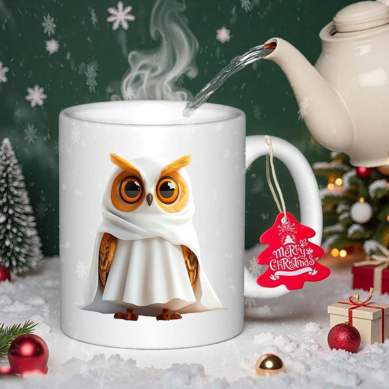 Tailorly White Ceramic 11 oz Mug - Merry Christmas Adorable Festive Bird Wearing White Ghost Costume Standing In Winter Snow Owl