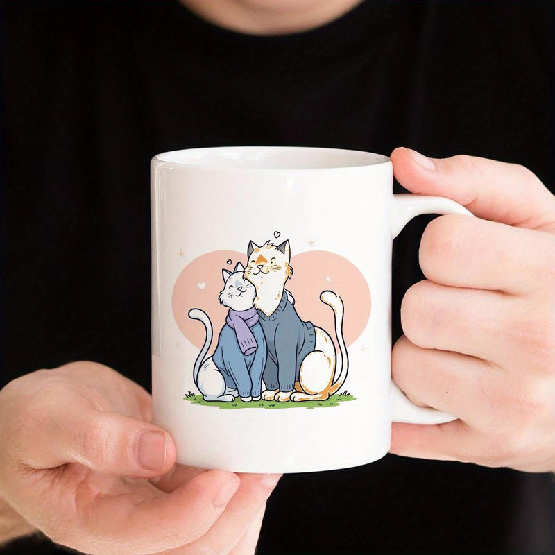 Tailorly White Ceramic 11 oz Mug - Adorable Couple Kittens In Warm Sweaters Hugging Under A Pink Heart Cat