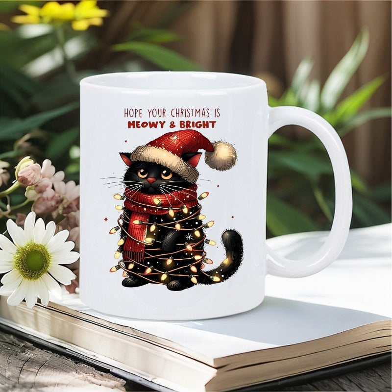 Tailorly White Ceramic 11 oz Mug - Hope Your Christmas Is Meowy Bright Festive Black Kitten Wearing Red Santa Hat Wrapped In Glowing Fairy Lights Cat