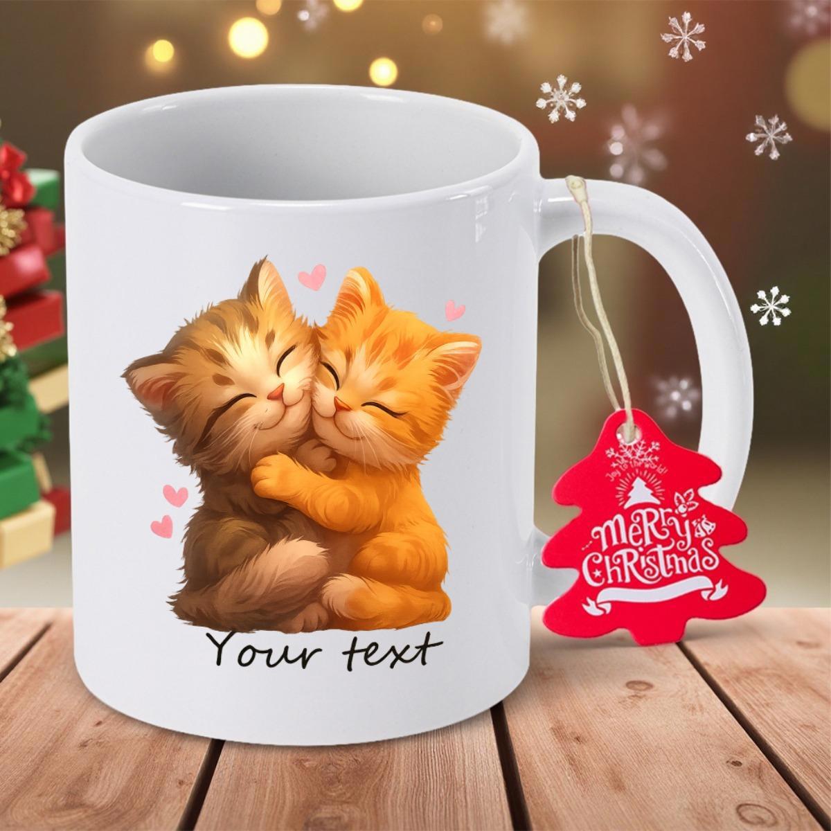 Tailorly White Ceramic 11 oz Mug - Your Text Adorable Tabby And Orange Kittens Hugging With Tiny Pink Hearts Kittens