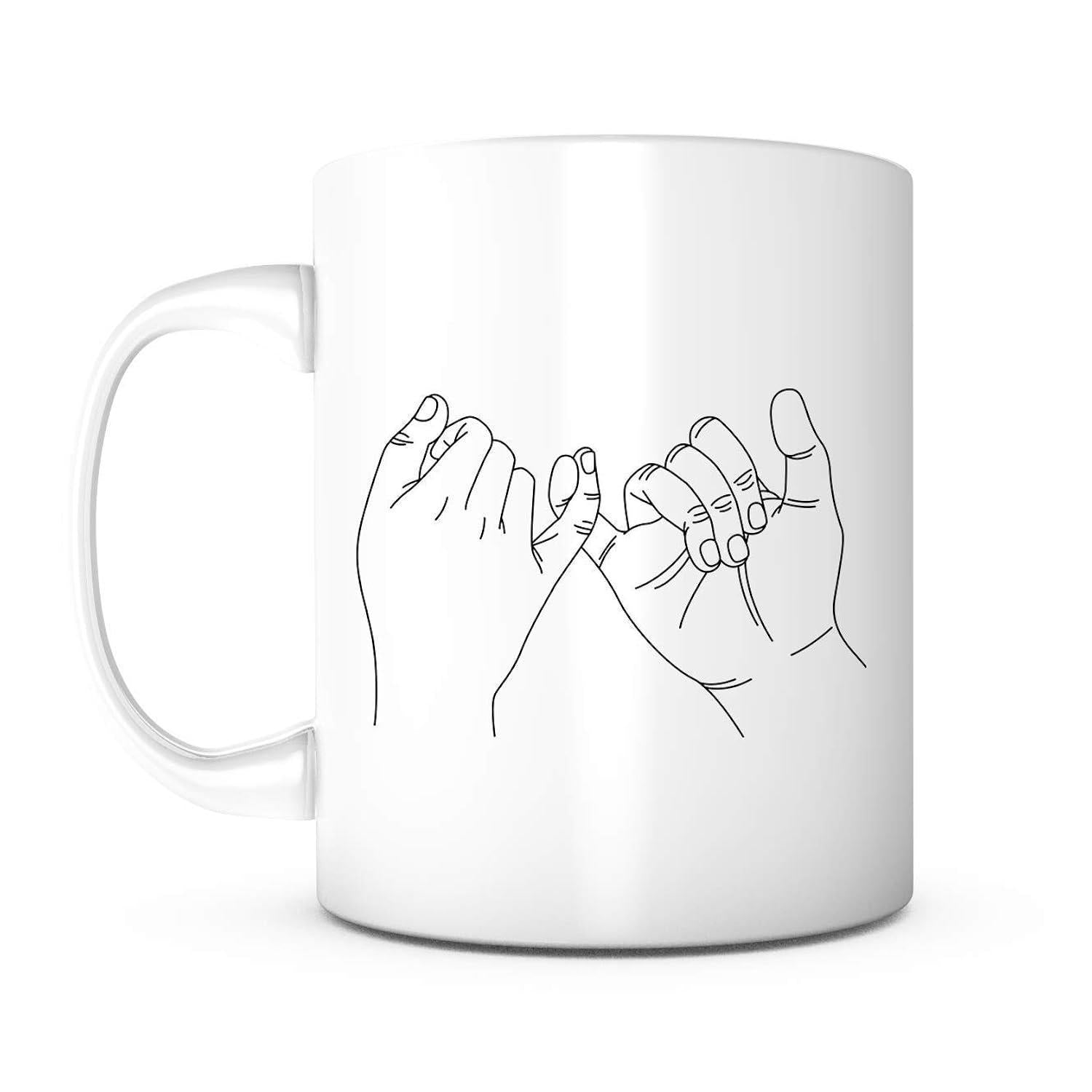 Tailorly White Ceramic 11 oz Mug - Minimalist Elegant Black Line Drawing Of Two Interlocked Fingers Pinky Swear Hands