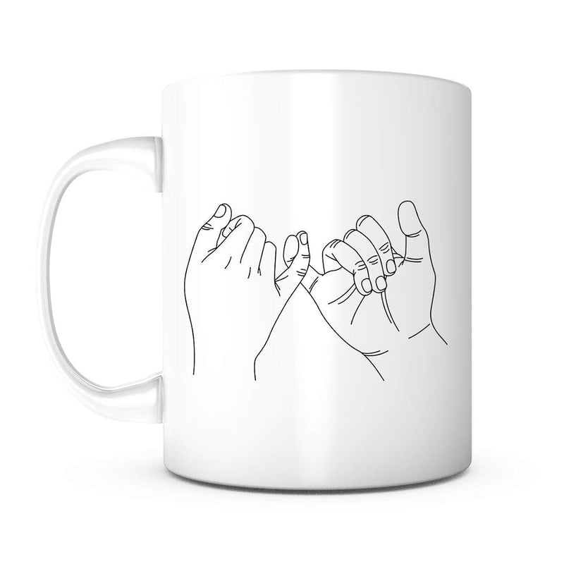 Tailorly White Ceramic 11 oz Mug - Minimalist Elegant Black Line Drawing Of Two Interlocked Fingers Pinky Swear Hands