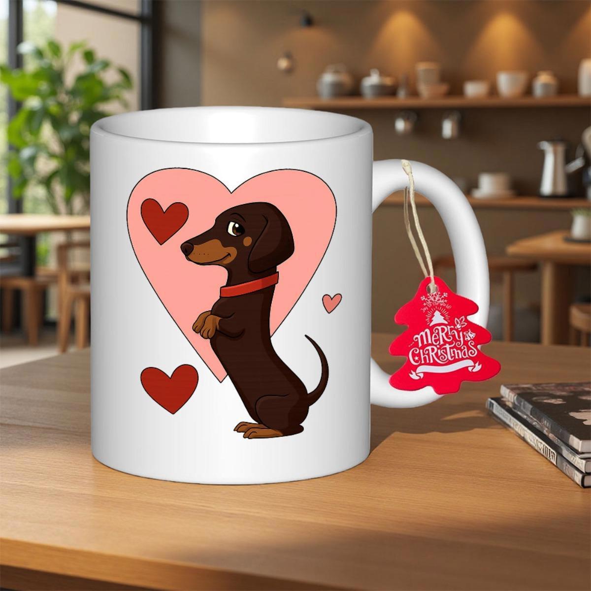 Tailorly White Ceramic 11 oz Mug - Merry Christmas Adorable Brown Dachshund Standing Proudly Inside A Large Pink Heart Dachshund