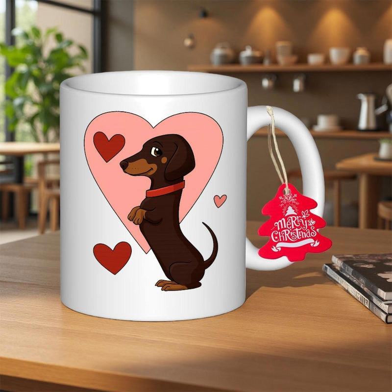 Tailorly White Ceramic 11 oz Mug - Merry Christmas Adorable Brown Dachshund Standing Proudly Inside A Large Pink Heart Dachshund