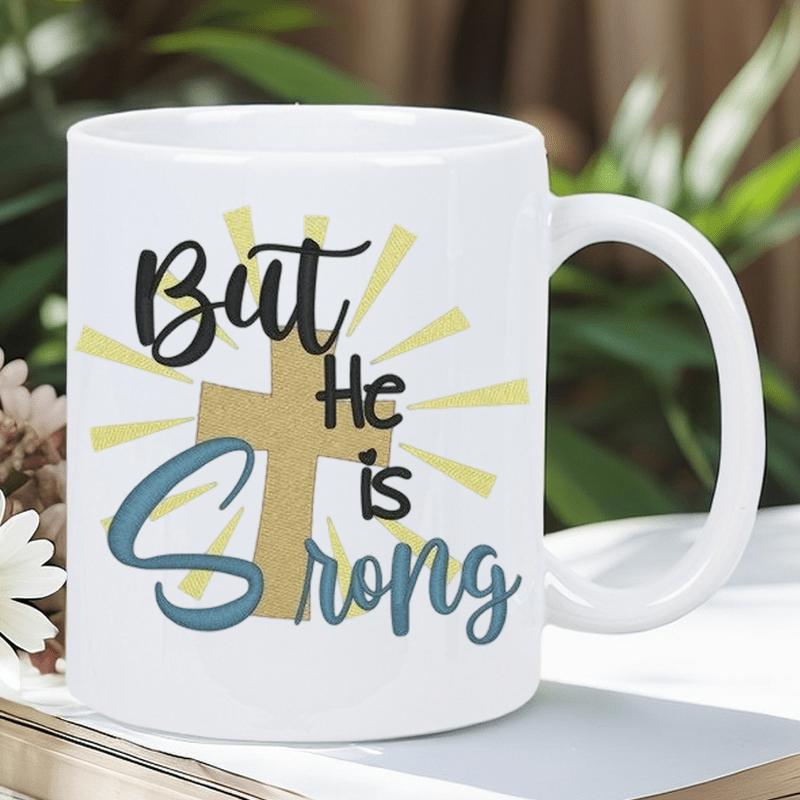 Tailorly White Ceramic 11 oz Mug - But He Is Strong Radiating Golden Symbol With Sunbeams Glowing Behind Sacred Cross