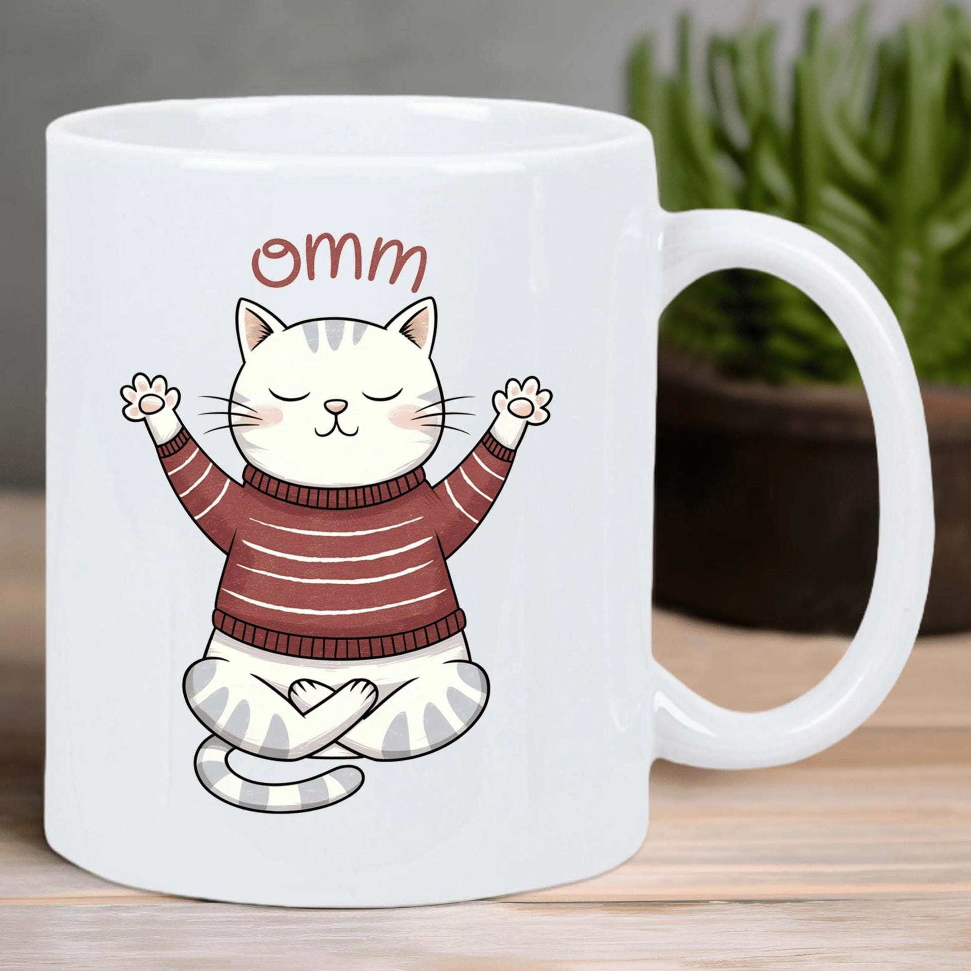Tailorly White Ceramic 11 oz Mug - Omm Peaceful Meditating Cartoon Feline Sitting In Serene Yoga Pose Cat