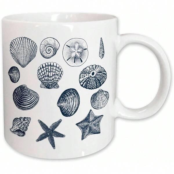 Tailorly White Ceramic 11 oz Mug - Detailed Black Line Marine Illustrations Featuring Diverse Coastal Sea Creatures And Starfish Shell