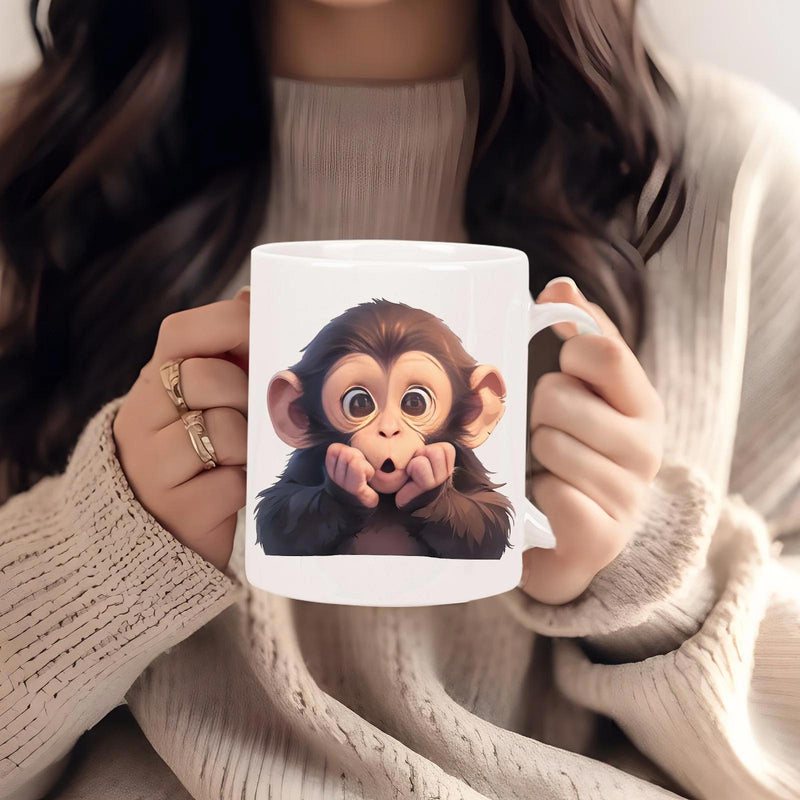 Tailorly White Ceramic 11 oz Mug - Adorable Surprised Baby Chimpanzee With Large Expressive Eyes Resting Chin Chimpanzee