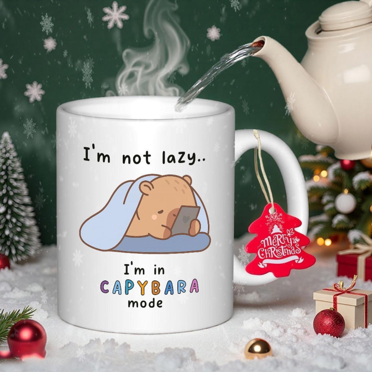 Tailorly White Ceramic 11 oz Mug - Im Not Lazy Im In Capybara Mode Cute Cartoon Animal Relaxing Under A Blue Blanket Holding Phone Capybara