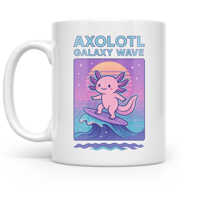 Tailorly White Ceramic 11 oz Mug - Axolotl Galaxy Wave Cute Pink Creature Surfing On Vibrant Ocean Waves Under Retro Synthwave Sunset Axolotl