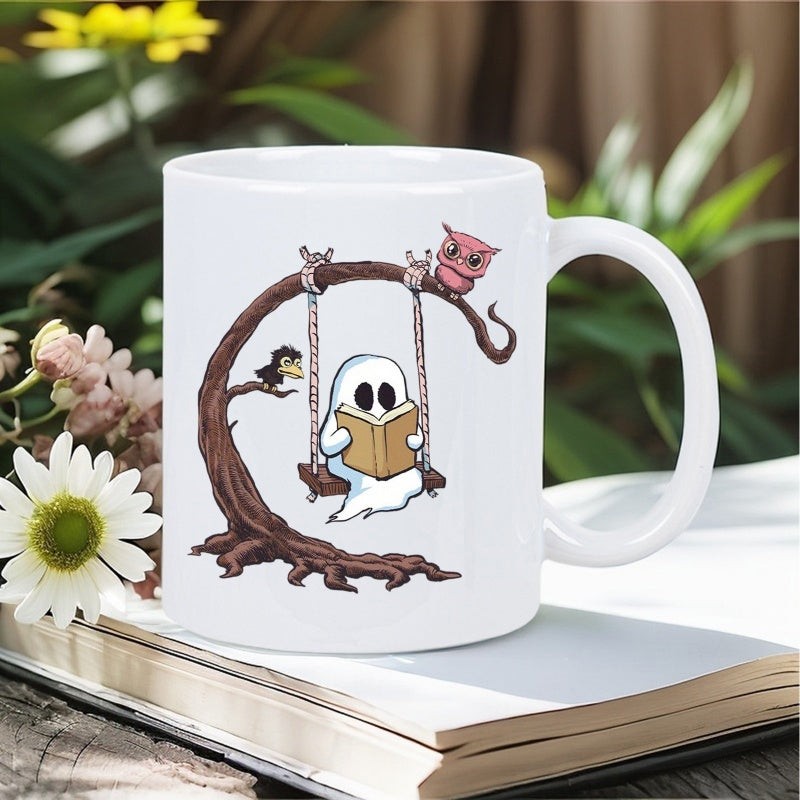 Tailorly White Ceramic 11 oz Mug - Cute Little White Ghost Reading An Interesting Book On A Tree Swing Ghost
