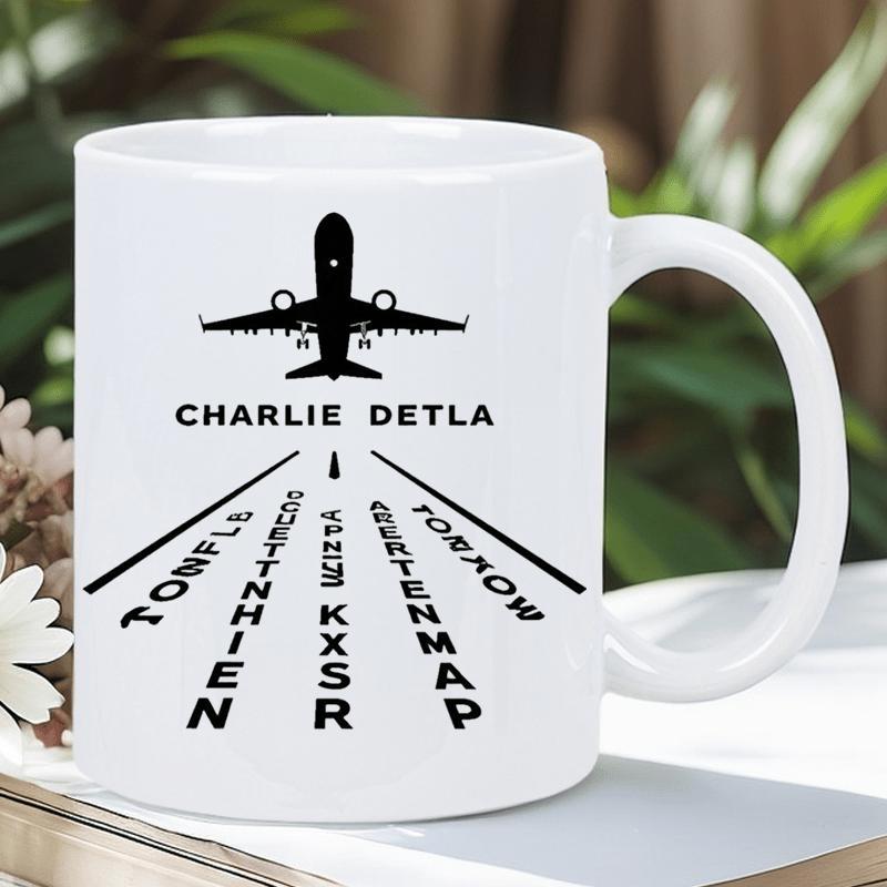 Tailorly White Ceramic 11 oz Mug - Charlie Delta Sleek Black Commercial Aircraft Ascending Above Perspective Runway Lines Airplane