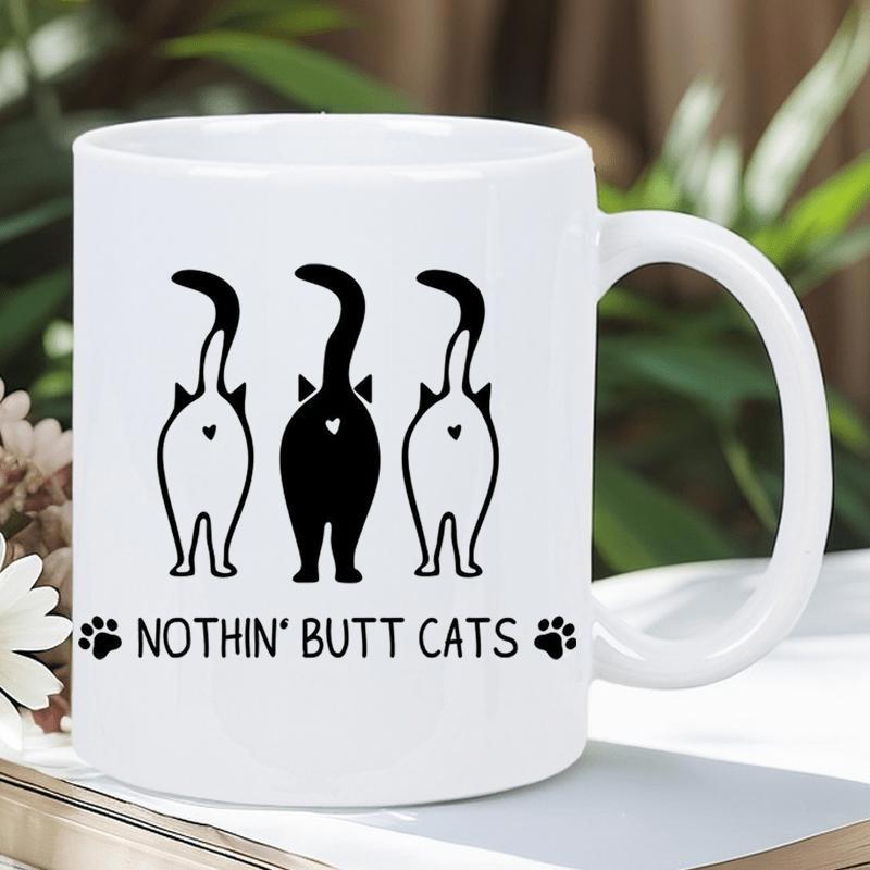 Tailorly White Ceramic 11 oz Mug - Nothin Butt Cats Three Playful Feline Silhouettes From Behind Displaying Heart Accent Tails Cat