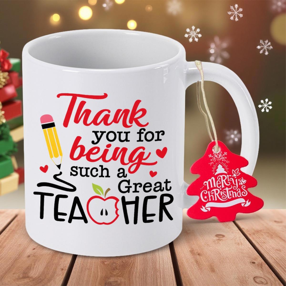 Tailorly White Ceramic 11 oz Mug - Thank You For Being Such A Great Teacher Colorful School Pencil With Bitten Red Apple And Cute Small Hearts Mug