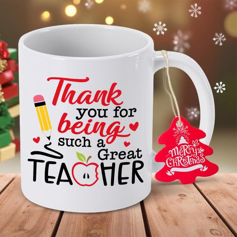 Tailorly White Ceramic 11 oz Mug - Thank You For Being Such A Great Teacher Colorful School Pencil With Bitten Red Apple And Cute Small Hearts Mug