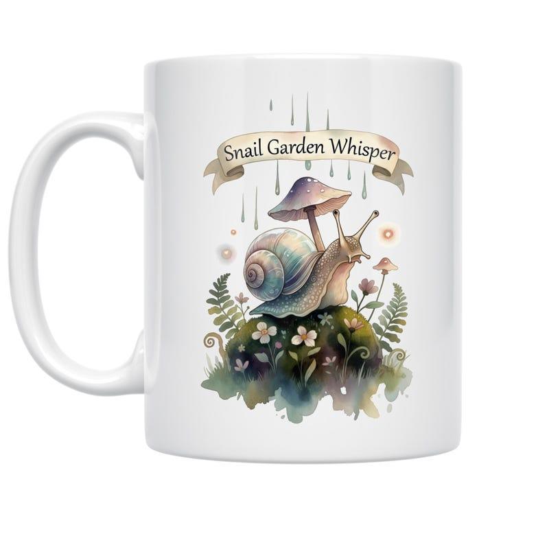 Tailorly White Ceramic 11 oz Mug - Snail Garden Whisper Watercolor Illustration Of A Gentle Snail Sitting On Mossy Ground Snail