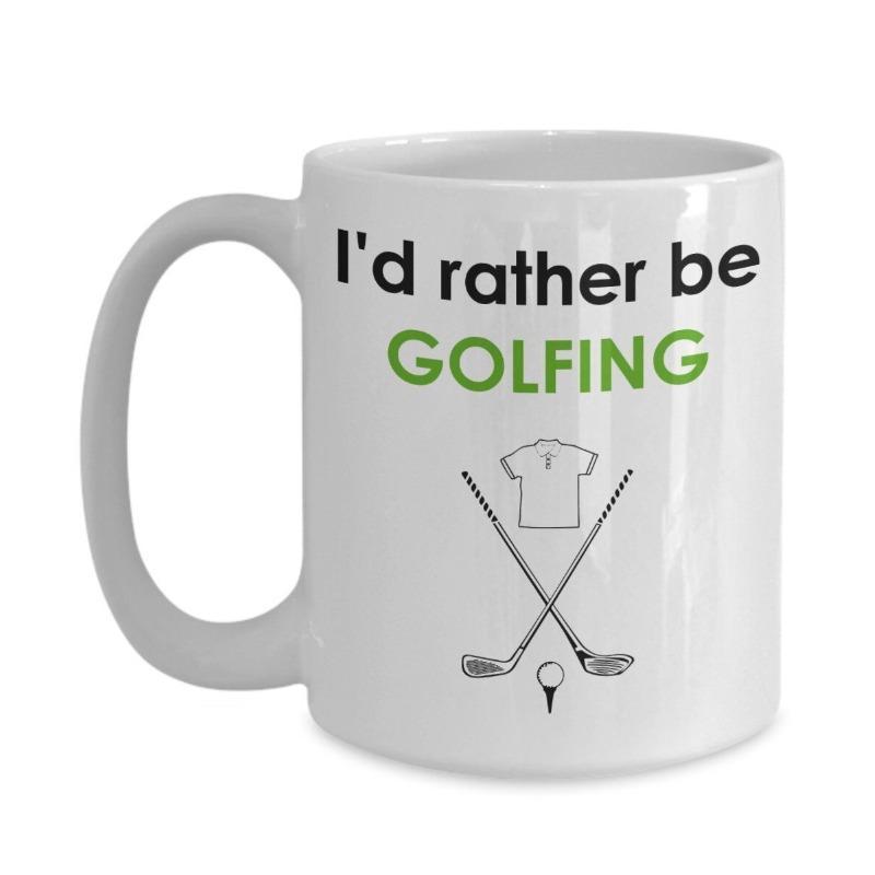 Tailorly White Ceramic 11 oz Mug - Id Rather Be Golfing Crossed Professional Clubs With Ball On Tee And Polo Shirt Golf