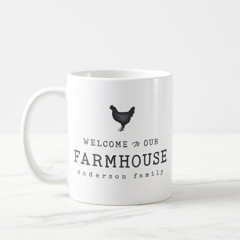 Tailorly White Ceramic 11 oz Mug - Welcome To Our Farmhouse Anderson Family Rustic Style Black Silhouette Standing Above Decorative Vintage Chicken
