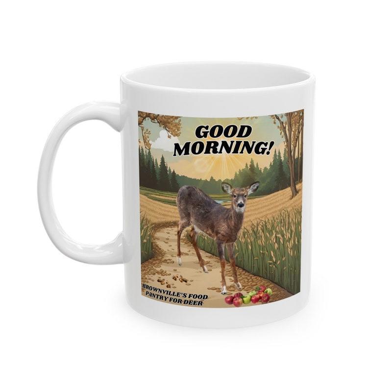 Tailorly White Ceramic 11 oz Mug - Good Morning Majestic Wildlife Standing On Forest Path Surrounded By Lush Green Trees Deer