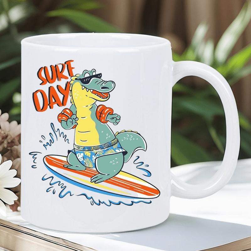 Tailorly White Ceramic 11 oz Mug - Surf Day Playful Reptile Wearing Sunglasses Riding A Colorful Surfboard Over Ocean Waves Crocodile