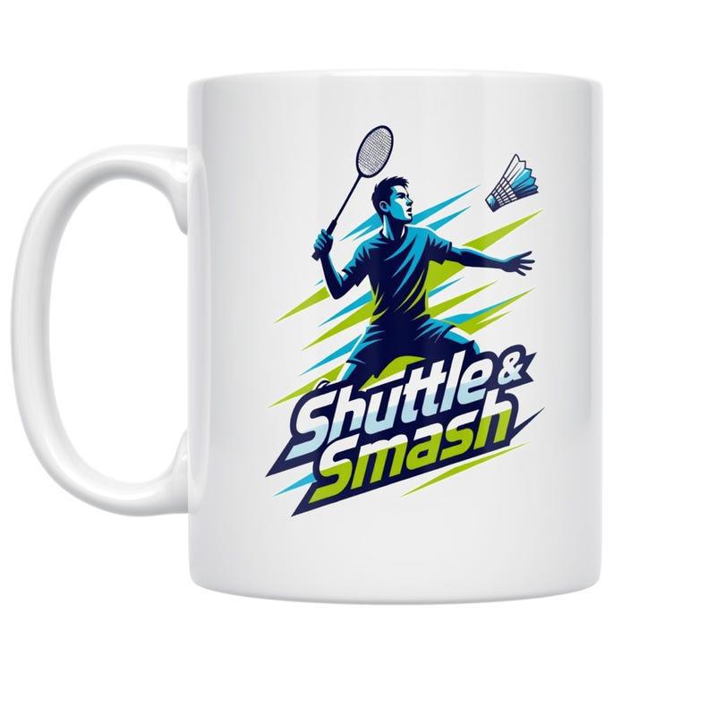 Tailorly White Ceramic 11 oz Mug - Shuttle Smash Dynamic Silhouette Moving Quickly With Energetic Striking Motion Lines And Shuttlecock Player