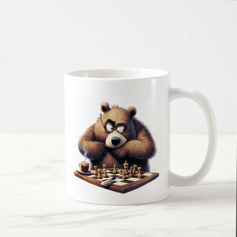 Tailorly White Ceramic 11 oz Mug - Grumpy Cartoon Brown Bear Focused On Playing Intense Strategic Game Chess Bear