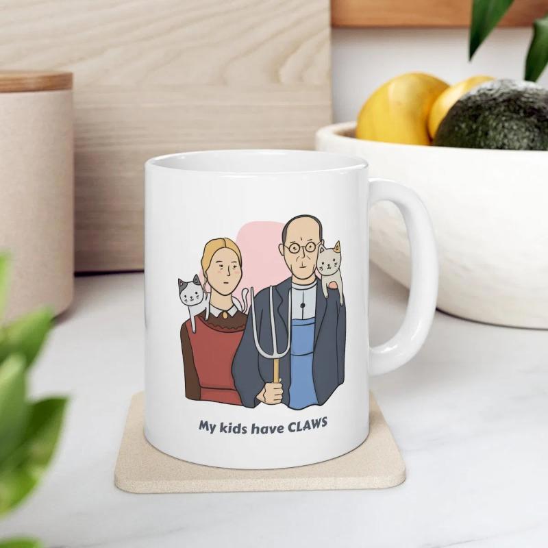 Tailorly White Ceramic 11 oz Mug - My Kids Have Claws Humorous Cartoon Parody Of Famous Painting With Cute Pet Cats Farmers