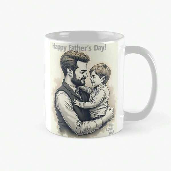 Tailorly White Ceramic 11 oz Mug - Happy Fathers Day Heartwarming Sketch Of A Father Embracing His Young Son Illustration
