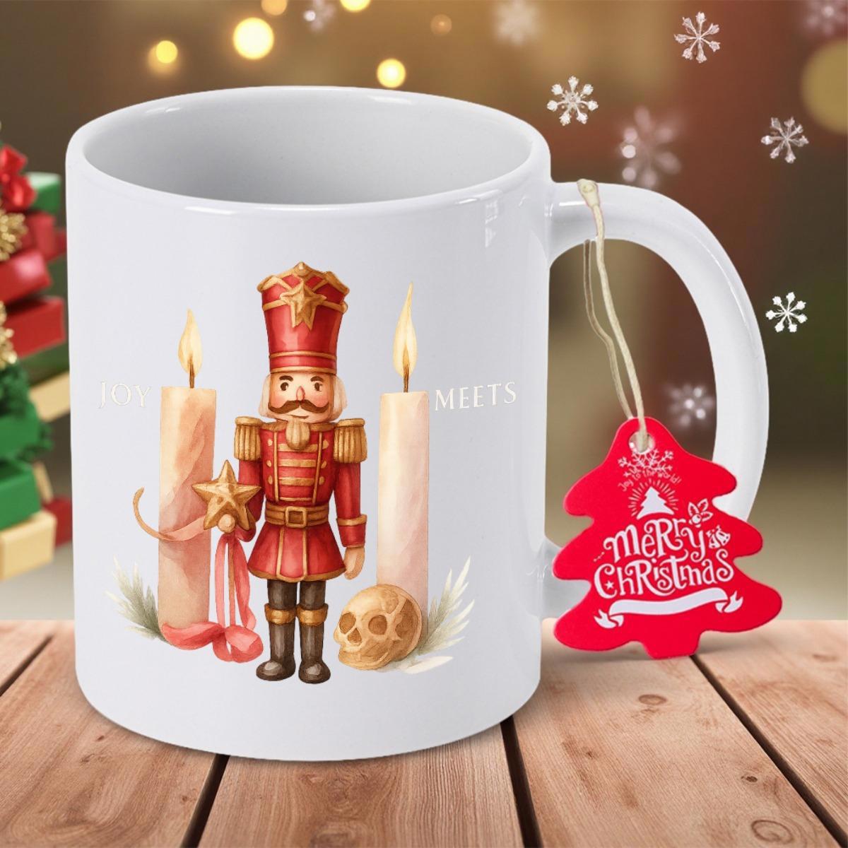 Tailorly White Ceramic 11 oz Mug - Merry Christmas Classic Red Uniform Soldier Standing Between Glowing Candles Near A Small Skull Nutcracker