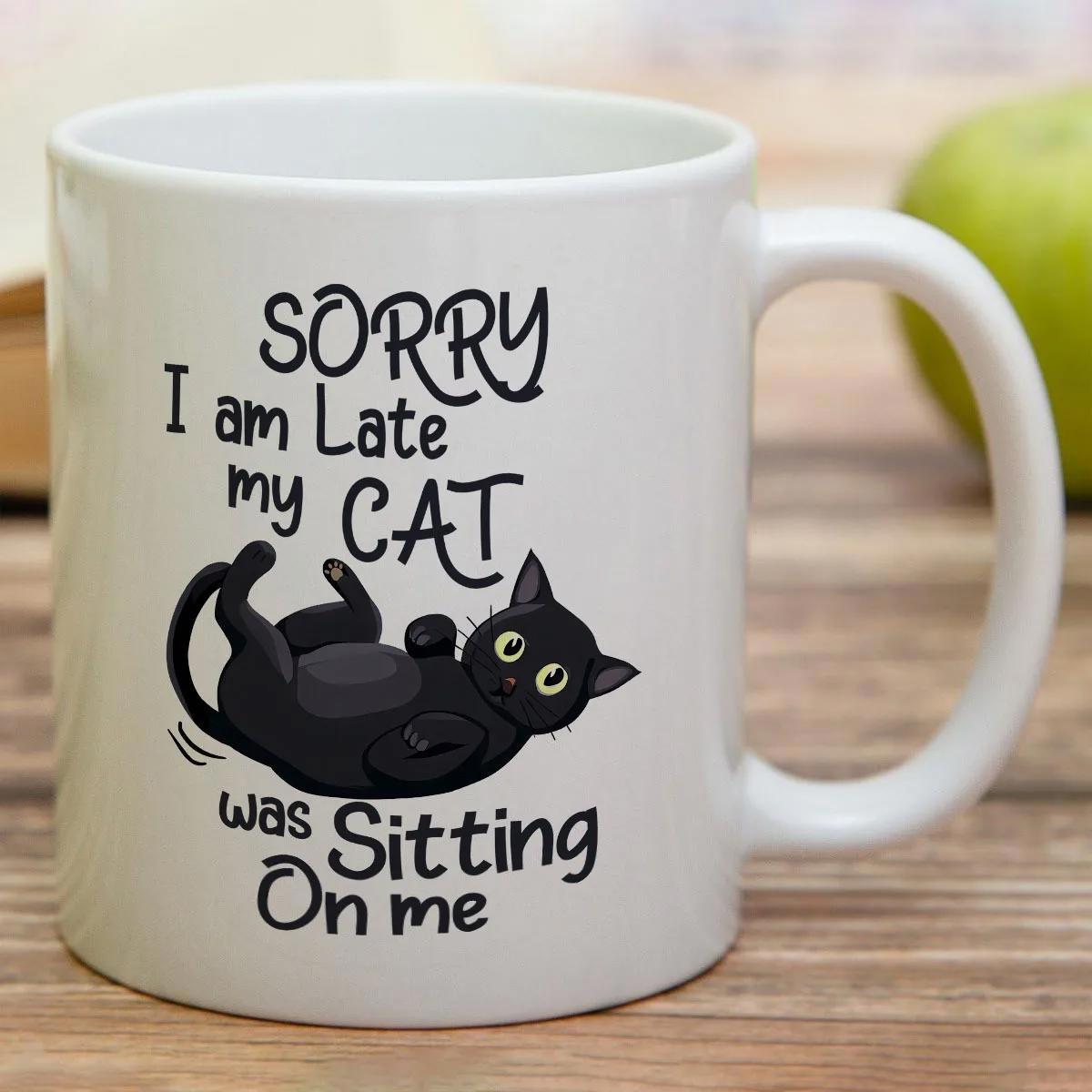 Tailorly White Ceramic 11 oz Mug - Sorry I Am Late My Cat Was Sitting On Me Playful Black Kitten Relaxing Upside Down On Smooth Mug