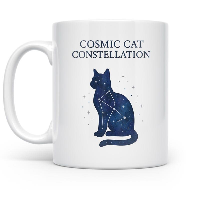 Tailorly White Ceramic 11 oz Mug - Cosmic Cat Constellation Mystic Sitting With Starry Galaxy Texture And White Constellation Lines Cat