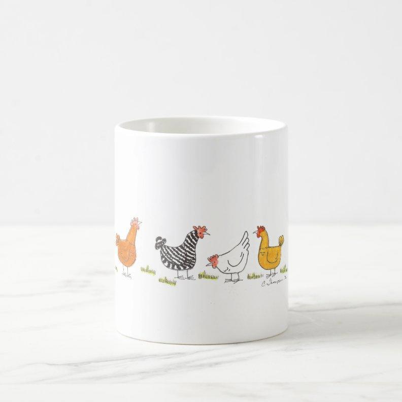 Tailorly White Ceramic 11 oz Mug - Minimalist Hand Drawn Row Of Different Breeds Of Farm Poultry Chicken