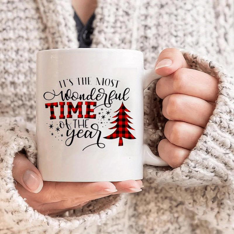 Tailorly White Ceramic 11 oz Mug - Its The Most Wonderful Time Of The Year Red And Black Buffalo Plaid Pattern Featuring Small Twinkling Stars Holiday Christmas