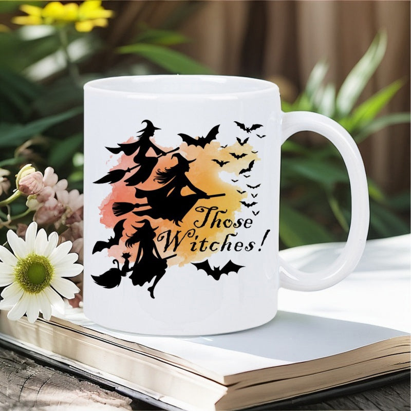Tailorly White Ceramic 11 oz Mug - Those Witches Silhouettes Flying On Broomsticks Among Bats Under A Watercolor Moon Witches