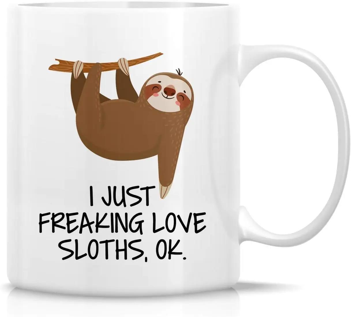 Tailorly White Ceramic 11 oz Mug - I Just Freaking Love Sloths Ok Adorable Brown Sloth Hanging Peacefully From A Small Wooden Tree Branch Sloth